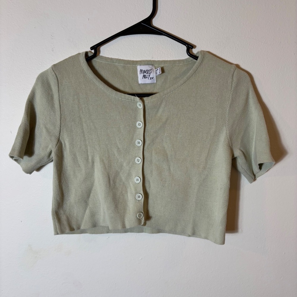 Princess Polly Knit Cardigan Top Womens US 2 Green Button Down Crop‎